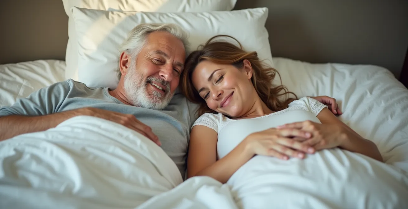 Image réaliste d’un senior et d’une femme enceinte reposant confortablement sur un matelas moelleux