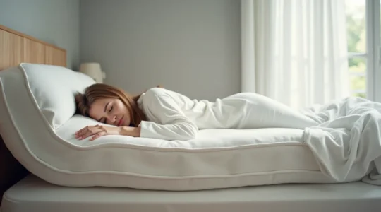 Photographie réaliste d'un matelas moelleux avec un dormeur allongé sur le côté, cadre épuré avec fond neutre et espace négatif