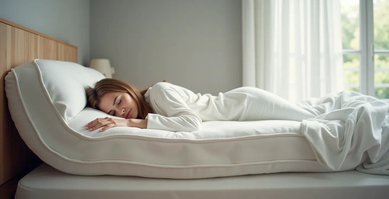 Photographie réaliste d'un matelas moelleux avec un dormeur allongé sur le côté, cadre épuré avec fond neutre et espace négatif