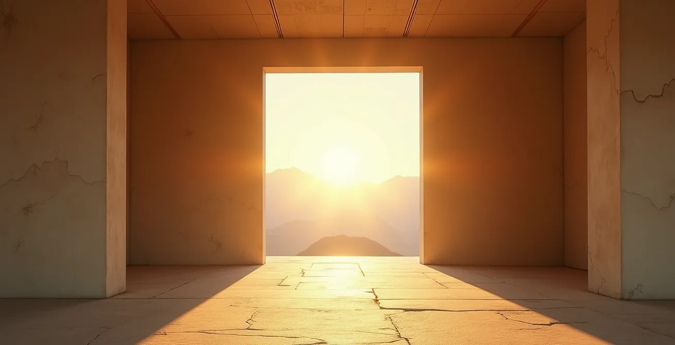 Vue d'ensemble d'une entrée zen avec jeu de lumière naturelle créant une atmosphère de transition