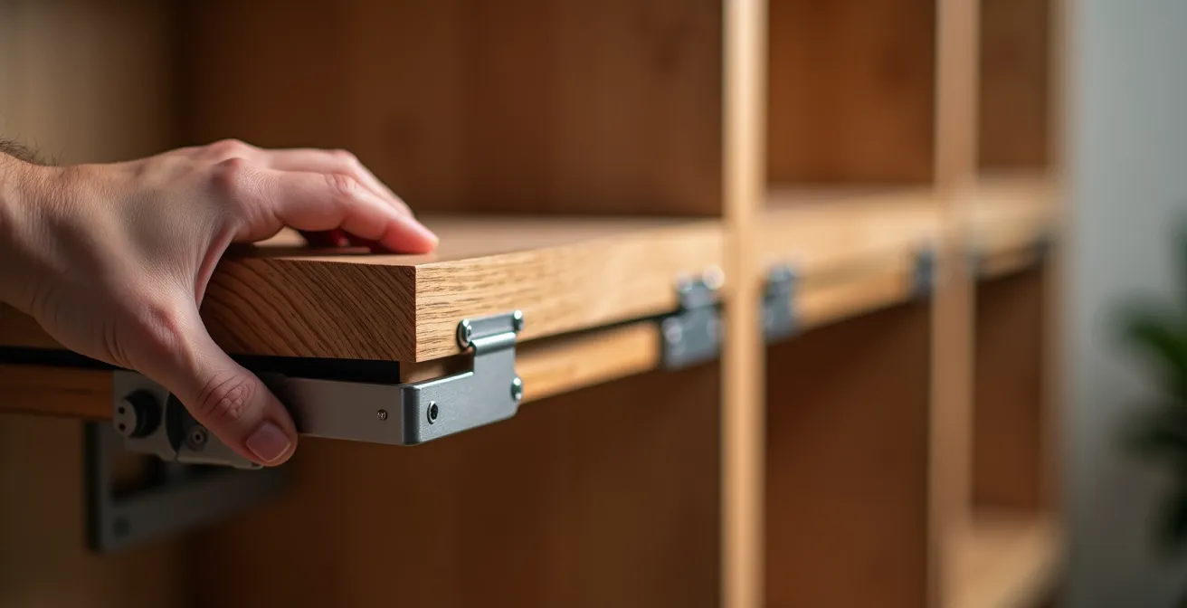 Gros plan sur un système de rangement modulable en bois