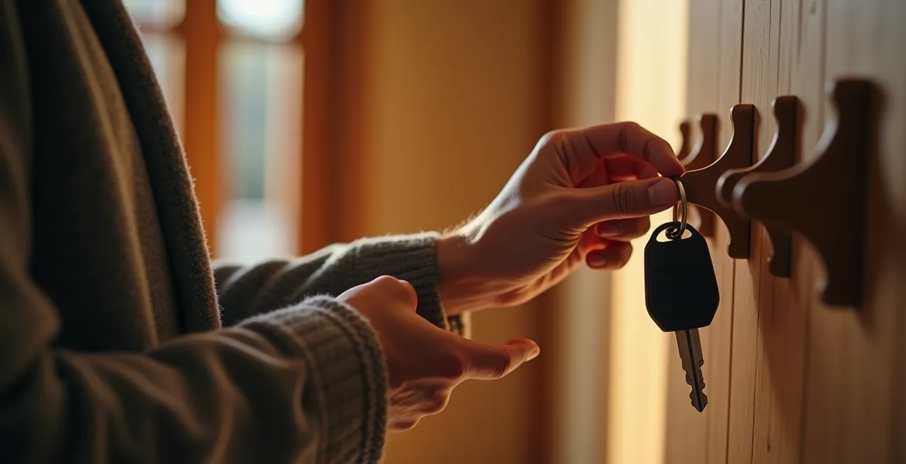 Gros plan sur des mains déposant un trousseau de clés sur une patère murale en bois