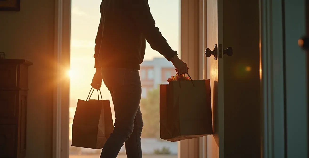 Personne rentrant chez elle les mains chargées de courses
