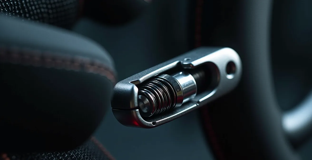 Gros plan sur le mécanisme de réglage lombaire d'une chaise ergonomique