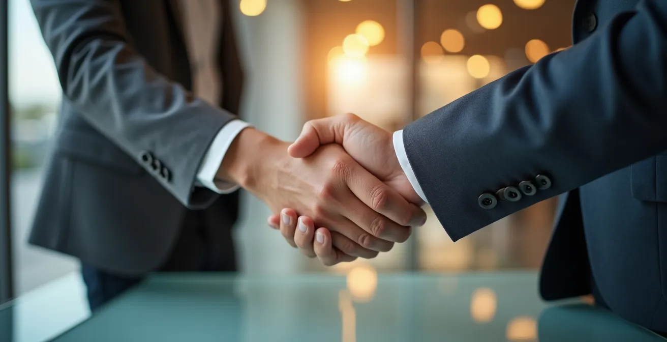 Poignée de main professionnelle au-dessus d'un bureau moderne symbolisant un accord commercial