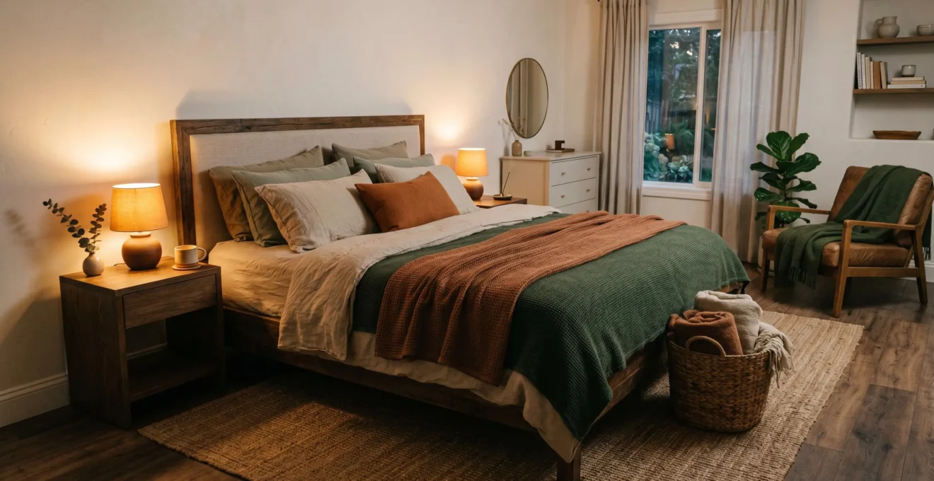 Chambre cocooning avec éclairage tamisé, textiles en lin et laine, ambiance chaleureuse et apaisante