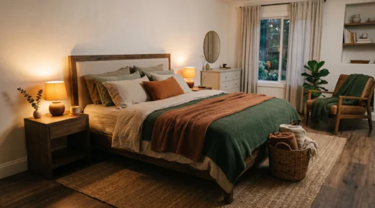 Chambre cocooning avec éclairage tamisé, textiles en lin et laine, ambiance chaleureuse et apaisante