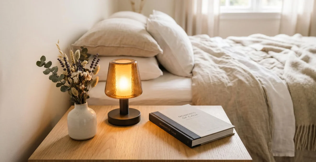 Table de chevet épurée avec trois objets choisis, lampe tamisée et surface nette pour une chambre cocooning