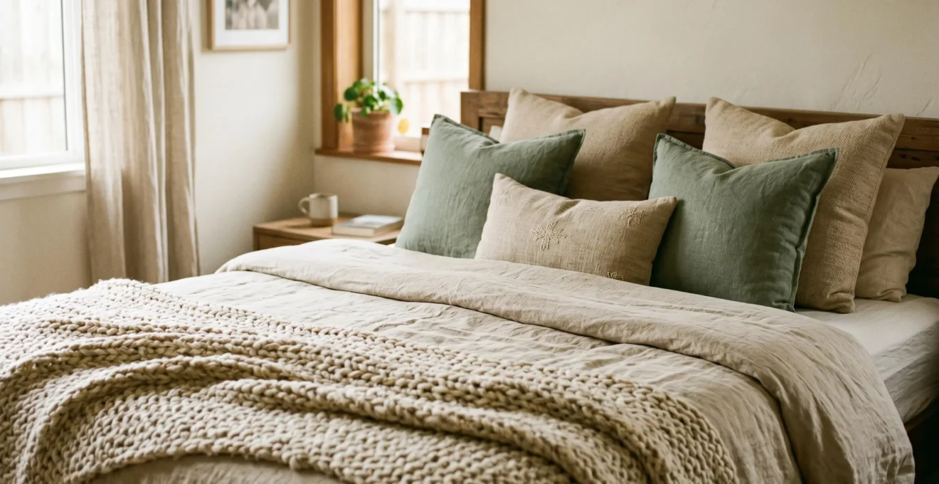 Lit avec superposition de textiles en lin, plaid en laine et coussins dans des tons naturels pour ambiance cocooning